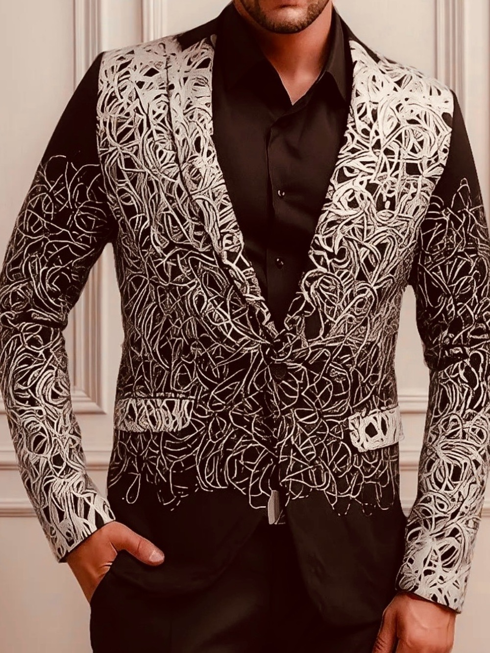 Cloudstyle Men's sport Coat Party Blazer Jacket Ombré Scribble Texture Ivory Blk